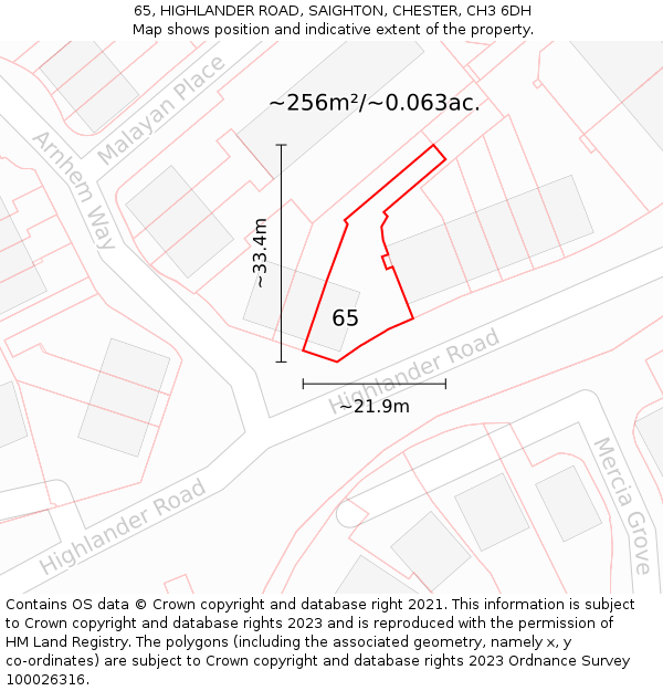 65, HIGHLANDER ROAD, SAIGHTON, CHESTER, CH3 6DH: Plot and title map