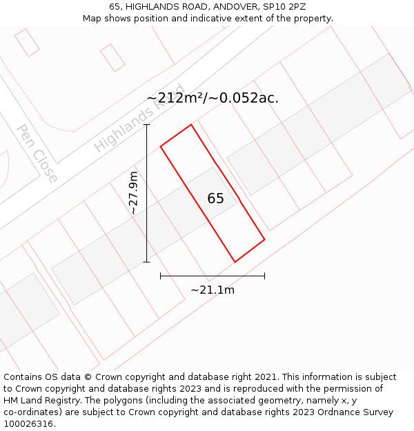 65, HIGHLANDS ROAD, ANDOVER, SP10 2PZ: Plot and title map