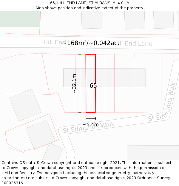 65, HILL END LANE, ST ALBANS, AL4 0UA: Plot and title map