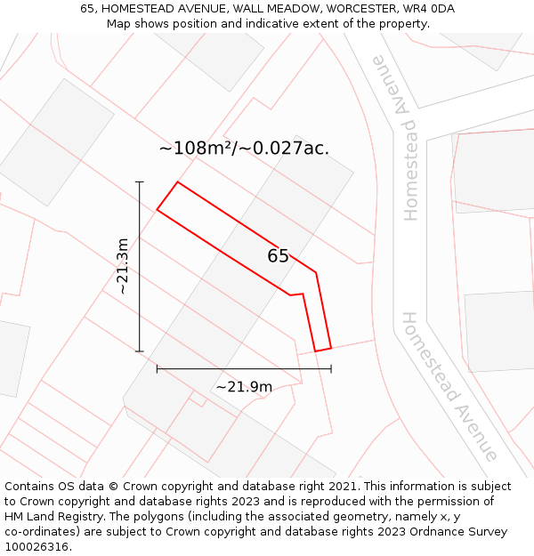 65, HOMESTEAD AVENUE, WALL MEADOW, WORCESTER, WR4 0DA: Plot and title map