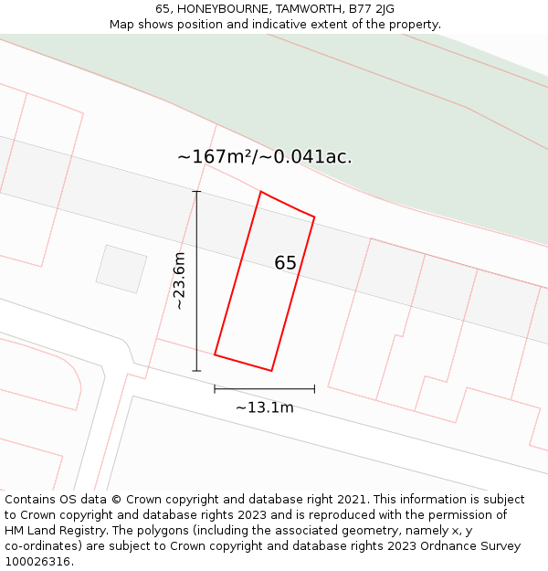 65, HONEYBOURNE, TAMWORTH, B77 2JG: Plot and title map