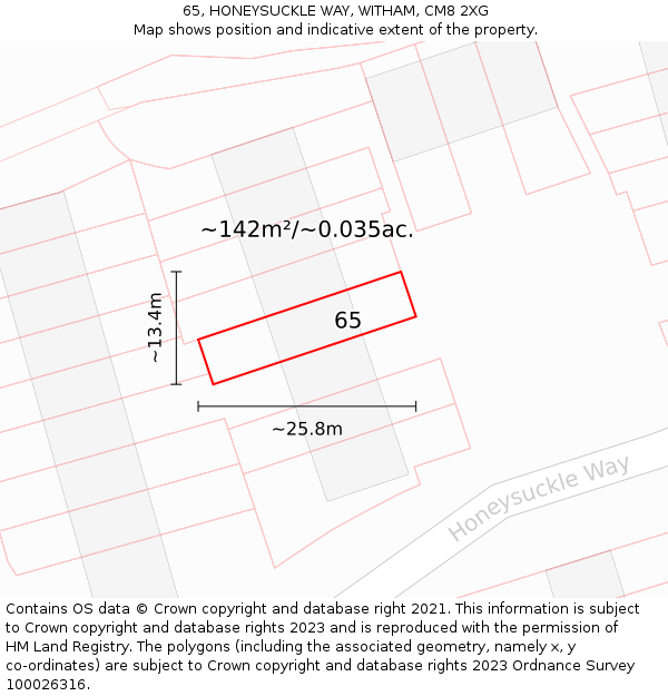 65, HONEYSUCKLE WAY, WITHAM, CM8 2XG: Plot and title map