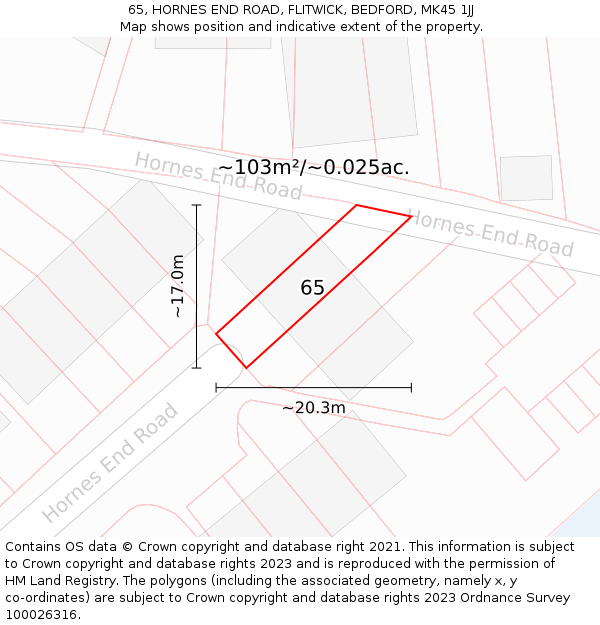 65, HORNES END ROAD, FLITWICK, BEDFORD, MK45 1JJ: Plot and title map