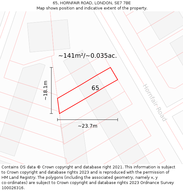 65, HORNFAIR ROAD, LONDON, SE7 7BE: Plot and title map