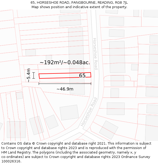 65, HORSESHOE ROAD, PANGBOURNE, READING, RG8 7JL: Plot and title map