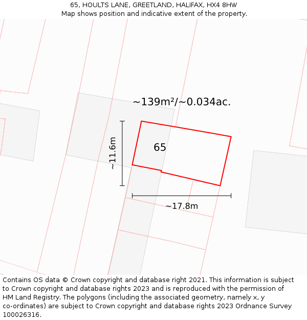 65, HOULTS LANE, GREETLAND, HALIFAX, HX4 8HW: Plot and title map