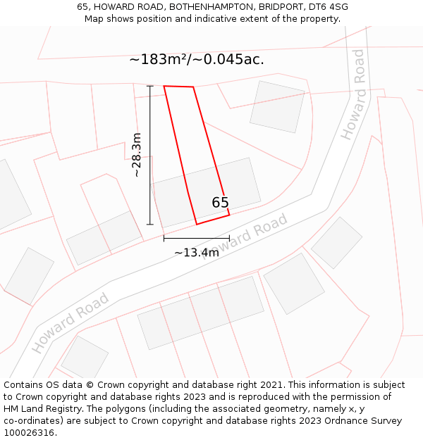 65, HOWARD ROAD, BOTHENHAMPTON, BRIDPORT, DT6 4SG: Plot and title map