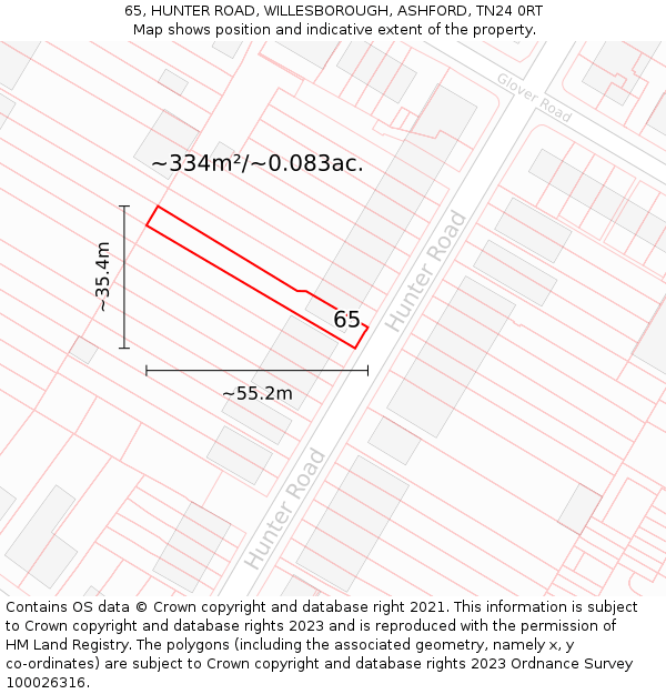 65, HUNTER ROAD, WILLESBOROUGH, ASHFORD, TN24 0RT: Plot and title map
