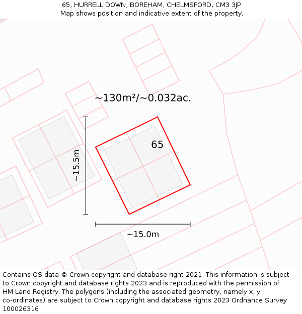 65, HURRELL DOWN, BOREHAM, CHELMSFORD, CM3 3JP: Plot and title map