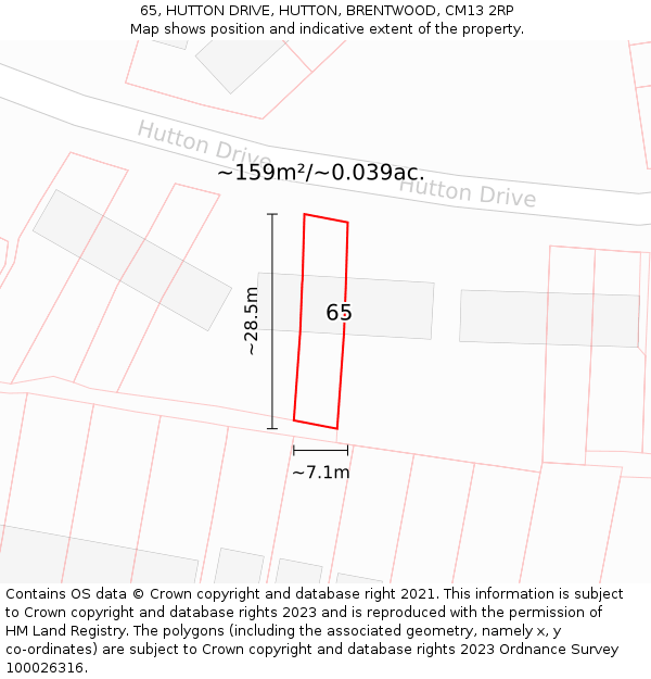 65, HUTTON DRIVE, HUTTON, BRENTWOOD, CM13 2RP: Plot and title map