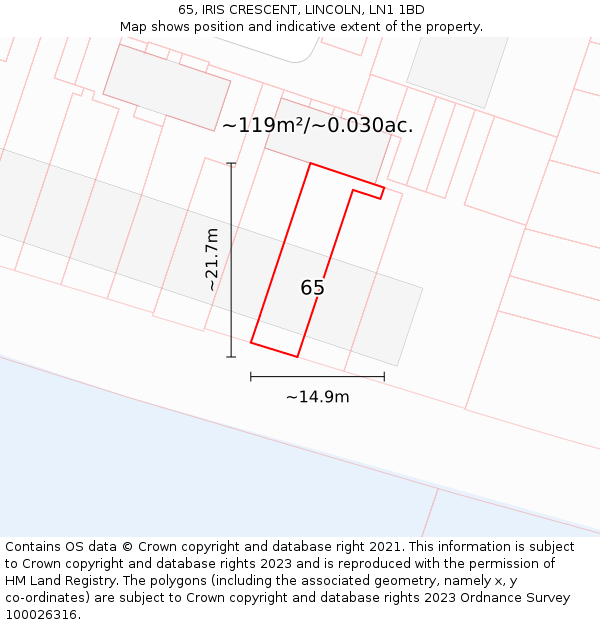 65, IRIS CRESCENT, LINCOLN, LN1 1BD: Plot and title map