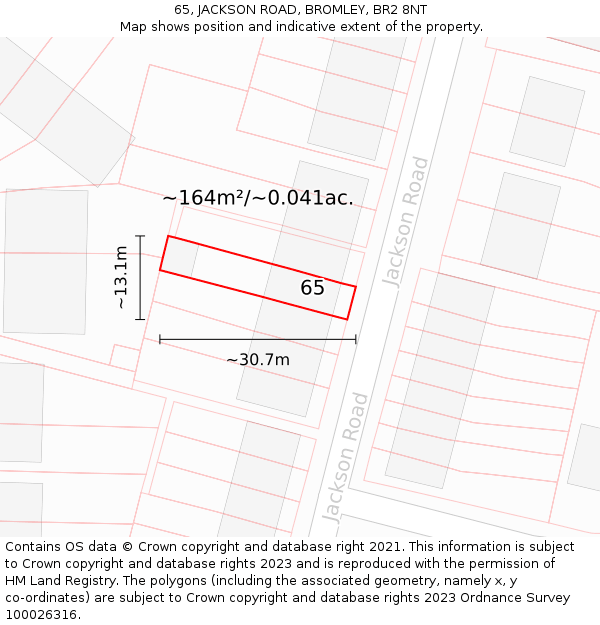 65, JACKSON ROAD, BROMLEY, BR2 8NT: Plot and title map