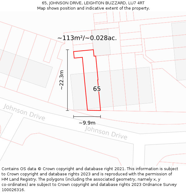 65, JOHNSON DRIVE, LEIGHTON BUZZARD, LU7 4RT: Plot and title map