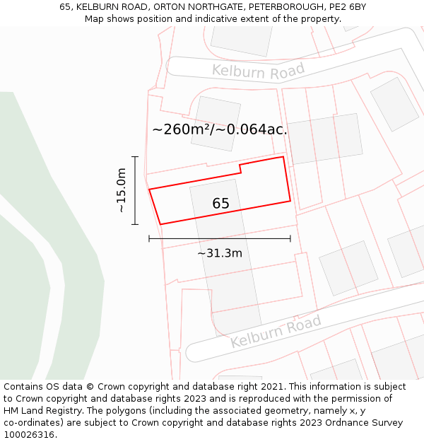 65, KELBURN ROAD, ORTON NORTHGATE, PETERBOROUGH, PE2 6BY: Plot and title map