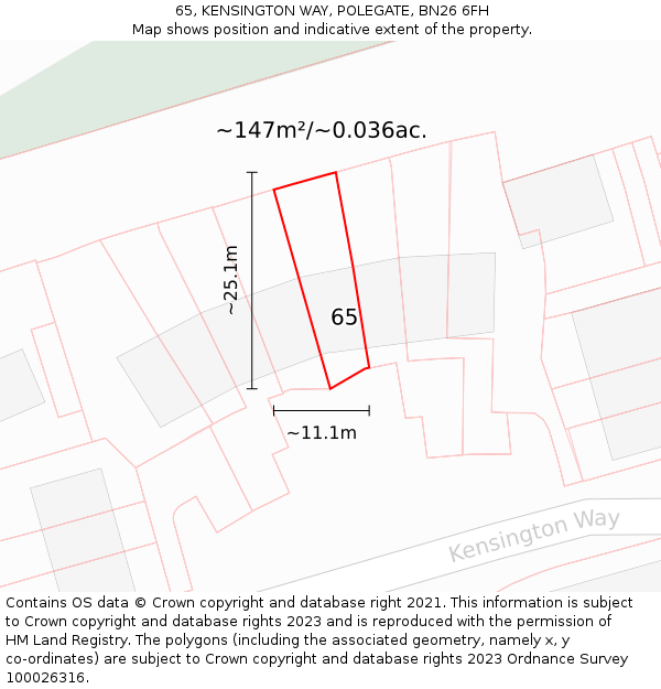 65, KENSINGTON WAY, POLEGATE, BN26 6FH: Plot and title map