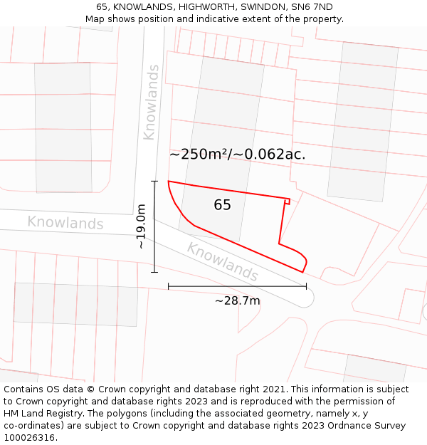 65, KNOWLANDS, HIGHWORTH, SWINDON, SN6 7ND: Plot and title map