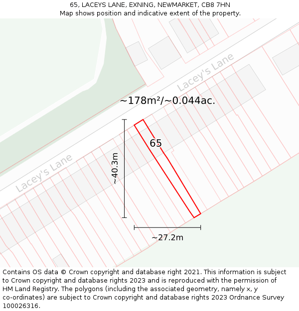 65, LACEYS LANE, EXNING, NEWMARKET, CB8 7HN: Plot and title map