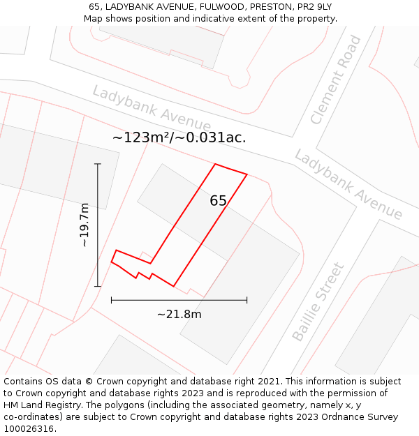 65, LADYBANK AVENUE, FULWOOD, PRESTON, PR2 9LY: Plot and title map