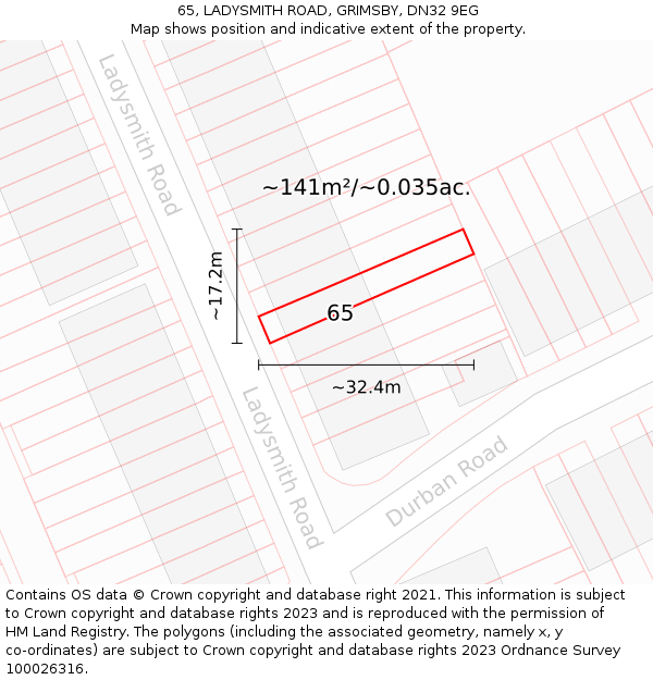 65, LADYSMITH ROAD, GRIMSBY, DN32 9EG: Plot and title map