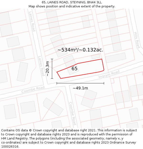 65, LAINES ROAD, STEYNING, BN44 3LL: Plot and title map