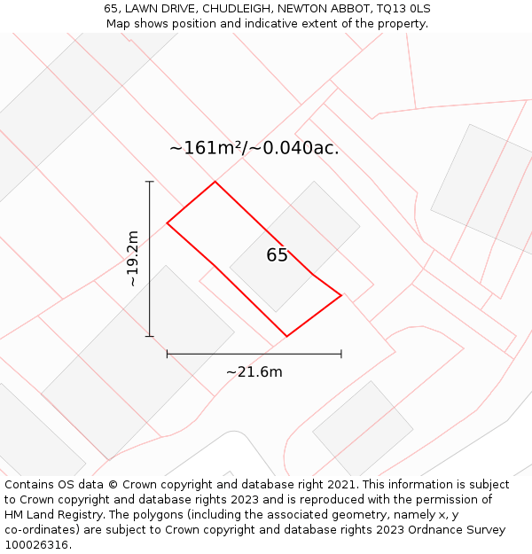 65, LAWN DRIVE, CHUDLEIGH, NEWTON ABBOT, TQ13 0LS: Plot and title map