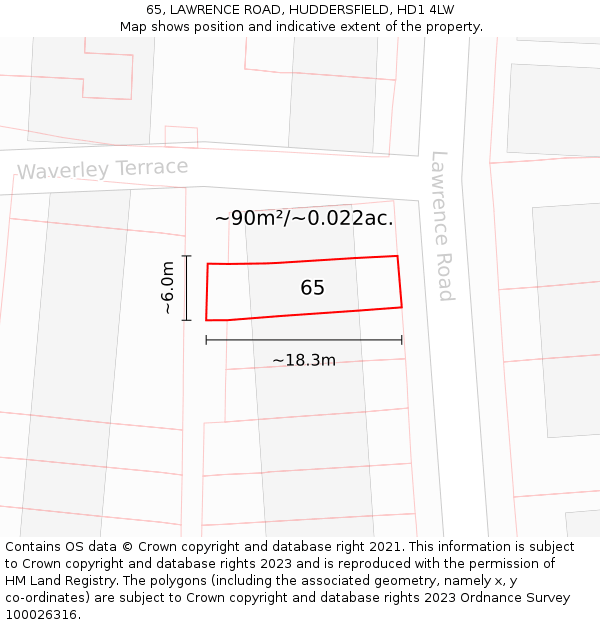 65, LAWRENCE ROAD, HUDDERSFIELD, HD1 4LW: Plot and title map