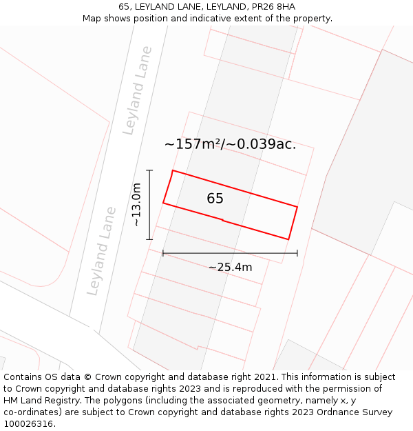 65, LEYLAND LANE, LEYLAND, PR26 8HA: Plot and title map