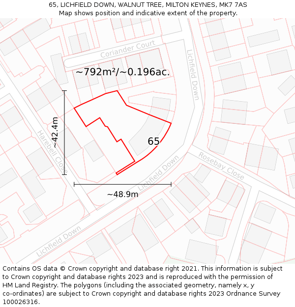 65, LICHFIELD DOWN, WALNUT TREE, MILTON KEYNES, MK7 7AS: Plot and title map
