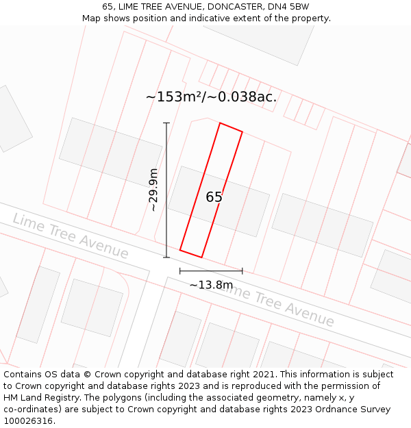 65, LIME TREE AVENUE, DONCASTER, DN4 5BW: Plot and title map