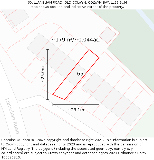 65, LLANELIAN ROAD, OLD COLWYN, COLWYN BAY, LL29 9UH: Plot and title map
