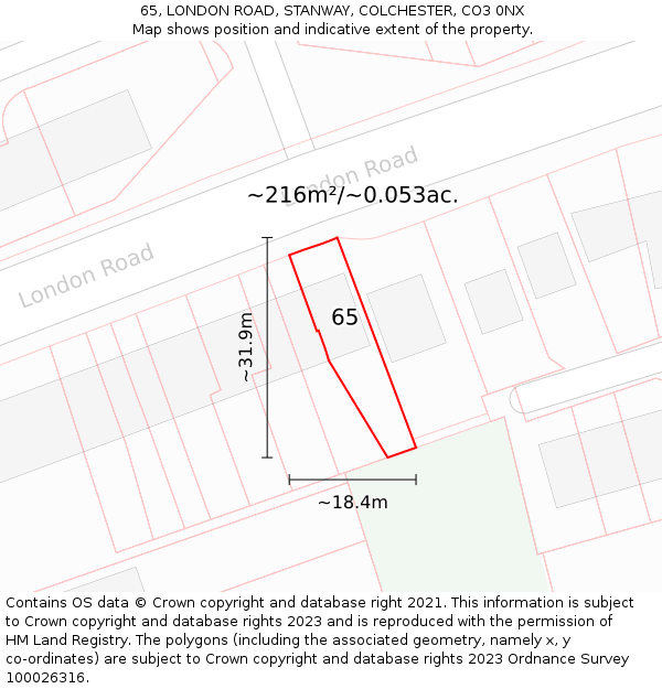 65, LONDON ROAD, STANWAY, COLCHESTER, CO3 0NX: Plot and title map