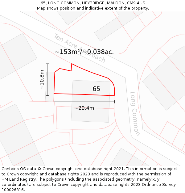 65, LONG COMMON, HEYBRIDGE, MALDON, CM9 4US: Plot and title map