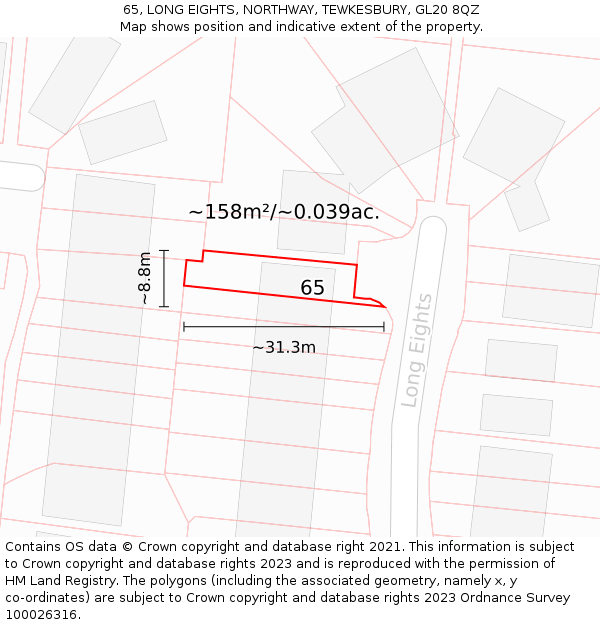 65, LONG EIGHTS, NORTHWAY, TEWKESBURY, GL20 8QZ: Plot and title map