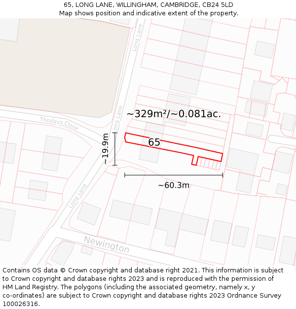 65, LONG LANE, WILLINGHAM, CAMBRIDGE, CB24 5LD: Plot and title map