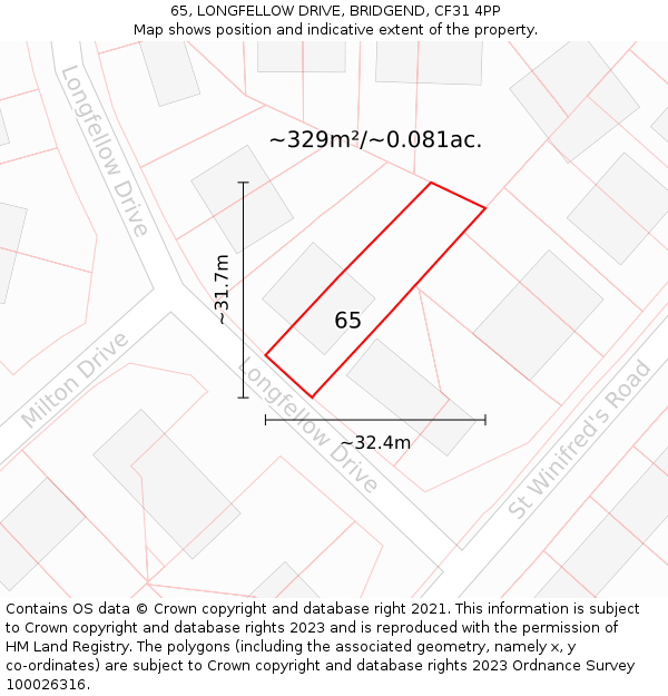 65, LONGFELLOW DRIVE, BRIDGEND, CF31 4PP: Plot and title map