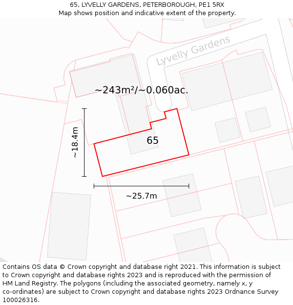65, LYVELLY GARDENS, PETERBOROUGH, PE1 5RX: Plot and title map
