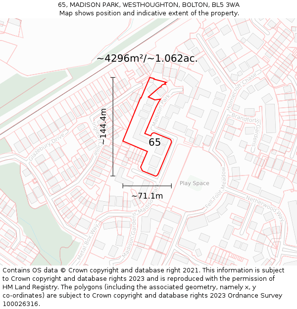 65, MADISON PARK, WESTHOUGHTON, BOLTON, BL5 3WA: Plot and title map