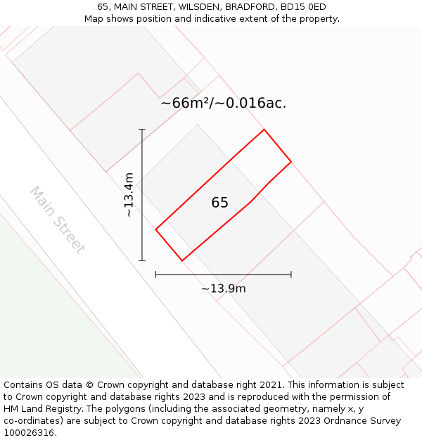 65, MAIN STREET, WILSDEN, BRADFORD, BD15 0ED: Plot and title map