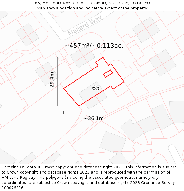 65, MALLARD WAY, GREAT CORNARD, SUDBURY, CO10 0YQ: Plot and title map