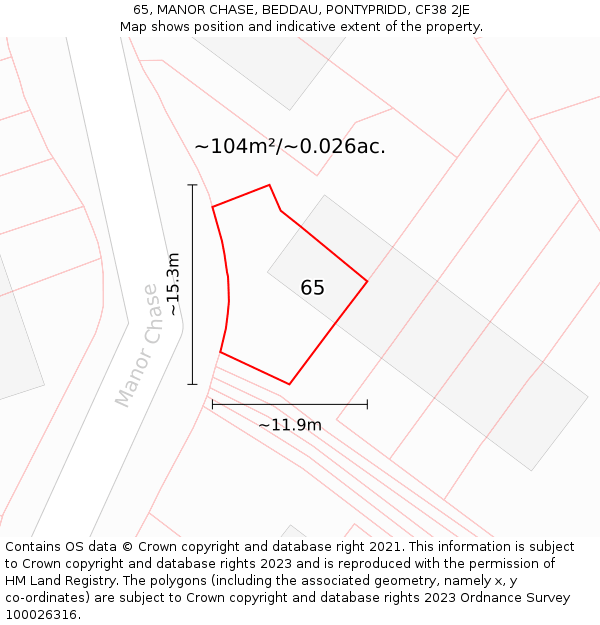 65, MANOR CHASE, BEDDAU, PONTYPRIDD, CF38 2JE: Plot and title map