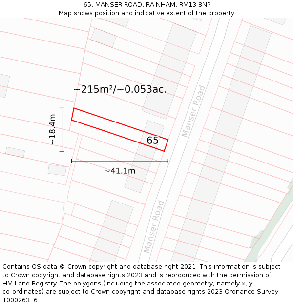 65, MANSER ROAD, RAINHAM, RM13 8NP: Plot and title map