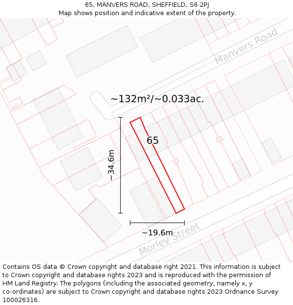 65, MANVERS ROAD, SHEFFIELD, S6 2PJ: Plot and title map