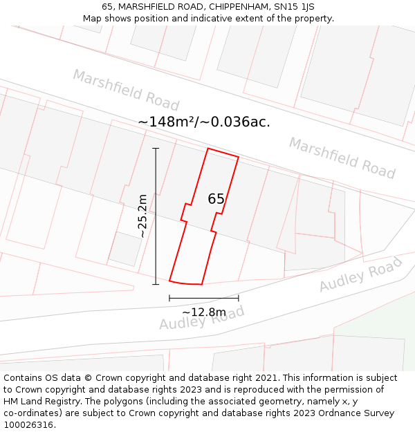 65, MARSHFIELD ROAD, CHIPPENHAM, SN15 1JS: Plot and title map