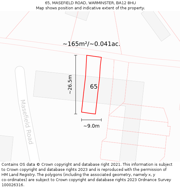 65, MASEFIELD ROAD, WARMINSTER, BA12 8HU: Plot and title map