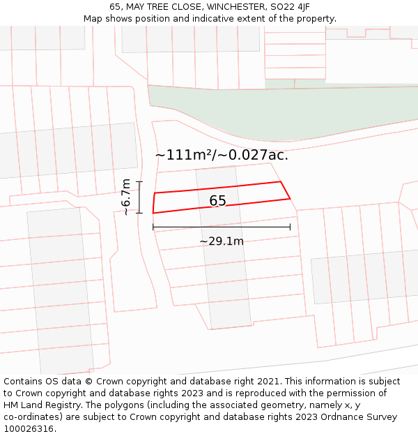 65, MAY TREE CLOSE, WINCHESTER, SO22 4JF: Plot and title map