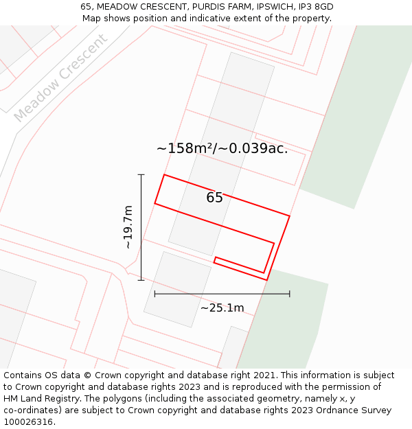 65, MEADOW CRESCENT, PURDIS FARM, IPSWICH, IP3 8GD: Plot and title map