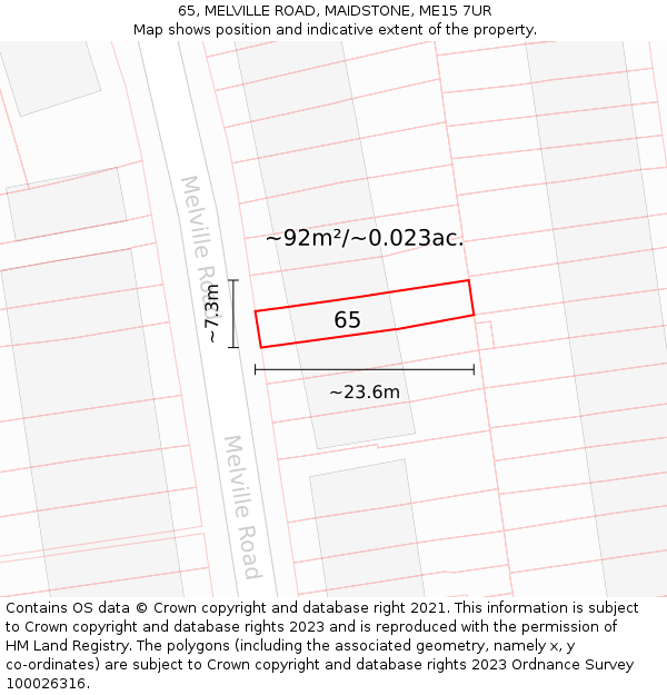 65, MELVILLE ROAD, MAIDSTONE, ME15 7UR: Plot and title map