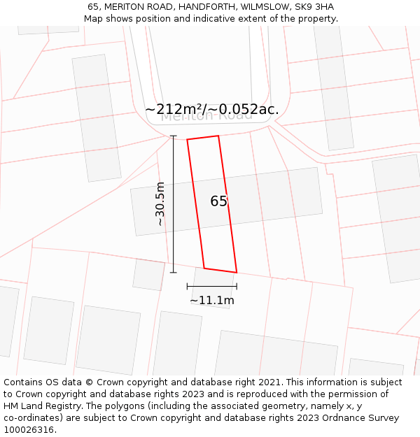 65, MERITON ROAD, HANDFORTH, WILMSLOW, SK9 3HA: Plot and title map