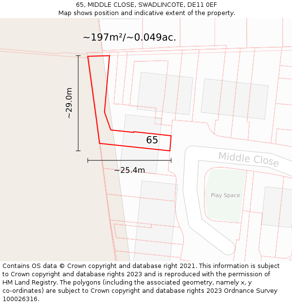 65, MIDDLE CLOSE, SWADLINCOTE, DE11 0EF: Plot and title map