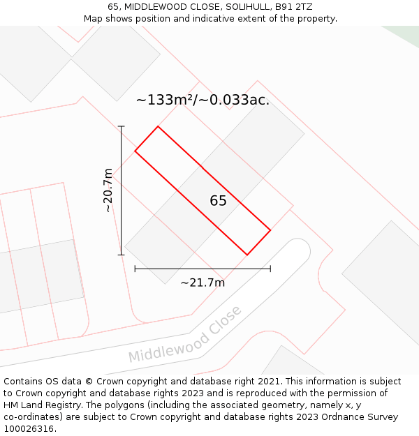 65, MIDDLEWOOD CLOSE, SOLIHULL, B91 2TZ: Plot and title map